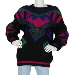 Vintage Nordstrom Hand Knit Heavy Chunky Thick Abstract Wool Retro Sweater